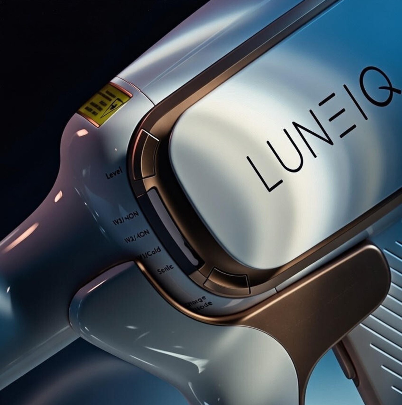 LUNEIQ RAY aesthetic technology device showcased in a minimal studio setting for professional dermatology and aesthetic clinics