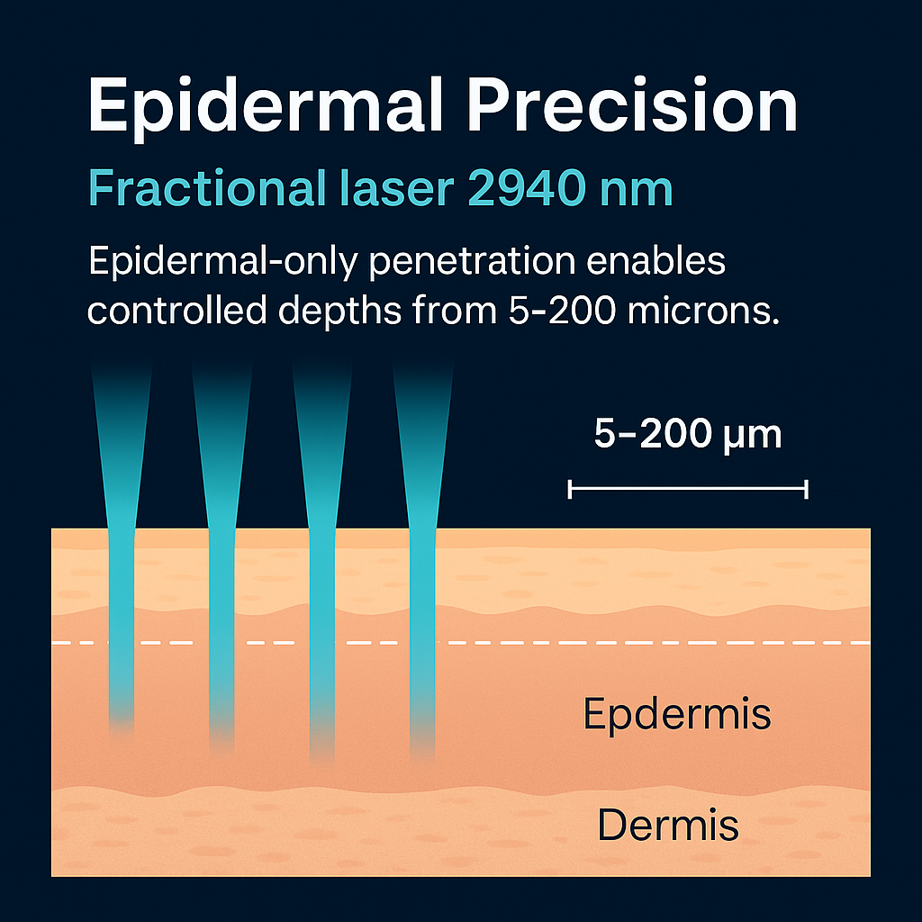 Infographic showing LUNEIQ Ray's 2940 nm fractional laser targeting only the epidermis at 5–200 micron depth